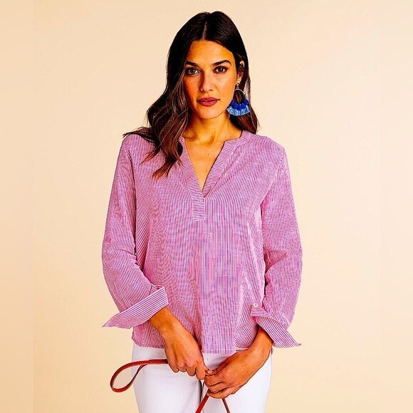 Vineyard Vines Pink & White Easy Striped Savannah Popover Top Size XS - Picture 8 of 13